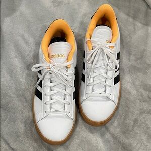 adidas White Sneakers with Black Stripes and Orange Lining